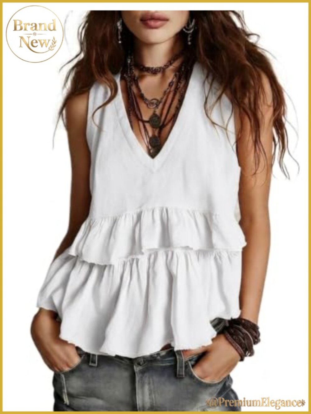 Linen Tank Top Sleeveless V Neck Ruffle Hem Peplum Blouse